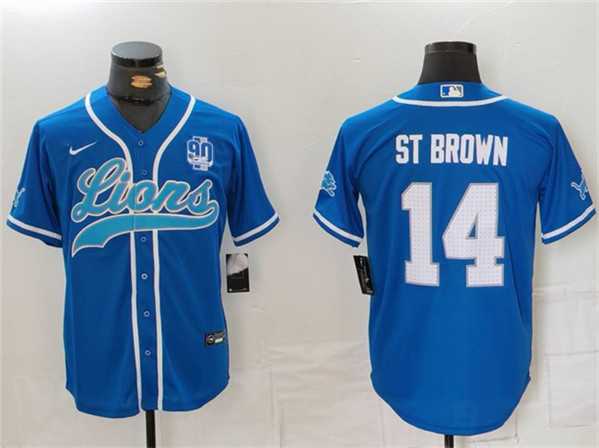 Men%27s Detroit Lions #14 Amon-Ra St. Brown Blue With 90th Anniversary Patch Cool Base Stitched Baseball Jersey->detroit lions->NFL Jersey